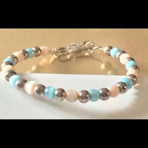 Handmade Silver/Cream/Blue Glass Bead Bracelet 9
